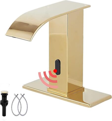 GGStudy الاستشعار التلقائي مصقول الذهب Touchless الحمام بالوعة الحنفية مع استنزاف الجمعية الغرور الحنفيات الأيدي الحرة شلال الحمام صنبور المياه مع صندوق التحكم وخلاط درجة الحرارة in Saudi Arabia