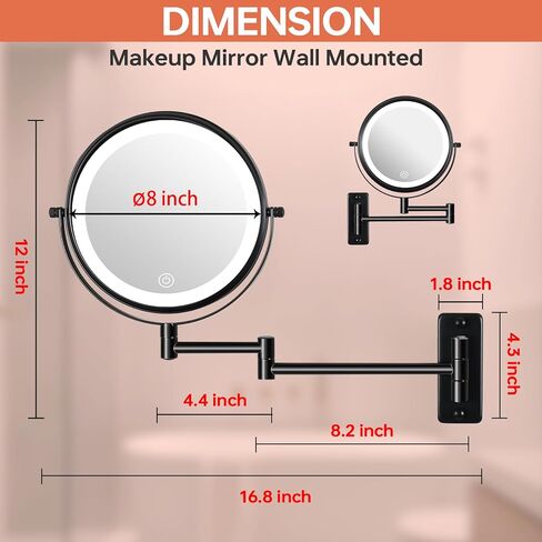 مرآة مكياج مثبتة على الحائط قابلة لإعادة الشحن مقاس 8 بوصات مع 3 أضواء ملونة قابلة للتعتيم، مرآة مكبرة للحمام دوارة 360 درجة مزدوجة الجوانب 1/10 مرات مع ذراع قابلة للتمديد باللون الأسود in Kuwait