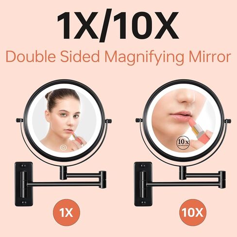 مرآة مكياج مثبتة على الحائط قابلة لإعادة الشحن مقاس 8 بوصات مع 3 أضواء ملونة قابلة للتعتيم، مرآة مكبرة للحمام دوارة 360 درجة مزدوجة الجوانب 1/10 مرات مع ذراع قابلة للتمديد باللون الأسود in Kuwait