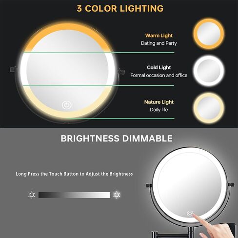 مرآة مكياج مثبتة على الحائط قابلة لإعادة الشحن مقاس 8 بوصات مع 3 أضواء ملونة قابلة للتعتيم، مرآة مكبرة للحمام دوارة 360 درجة مزدوجة الجوانب 1/10 مرات مع ذراع قابلة للتمديد باللون الأسود in Kuwait