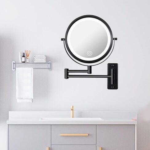 مرآة مكياج مثبتة على الحائط قابلة لإعادة الشحن مقاس 8 بوصات مع 3 أضواء ملونة قابلة للتعتيم، مرآة مكبرة للحمام دوارة 360 درجة مزدوجة الجوانب 1/10 مرات مع ذراع قابلة للتمديد باللون الأسود in Kuwait