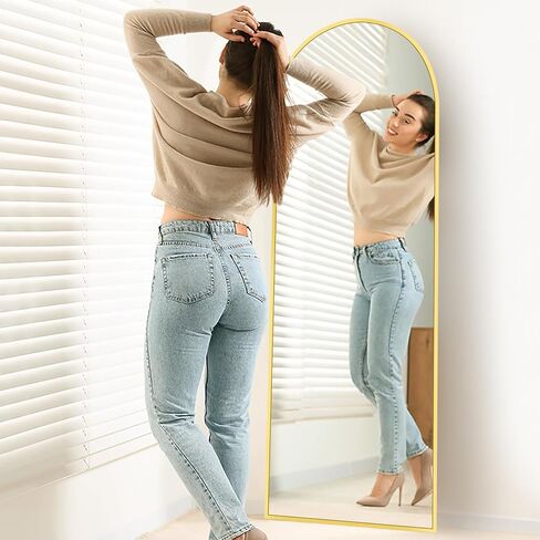 مرآة كاملة الطول مقوسة من Fabuday مع حامل - مرايا ذهبية بطول 64 بوصة × 21 بوصة بطول الأرضية لغرفة النوم، وغرفة المعيشة، وحامل مرآة جسم كبير مقوس، مؤطرة بالحجم الكامل، مائلة، معلقة ومثبتة على الحائط in Kuwait