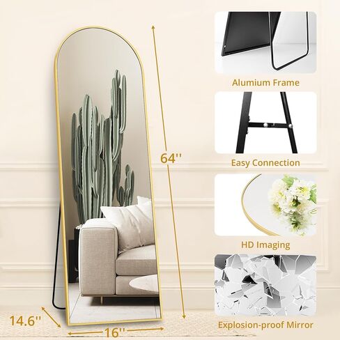 مرآة كاملة الطول مقوسة من Fabuday مع حامل - مرايا ذهبية بطول 64 بوصة × 21 بوصة بطول الأرضية لغرفة النوم، وغرفة المعيشة، وحامل مرآة جسم كبير مقوس، مؤطرة بالحجم الكامل، مائلة، معلقة ومثبتة على الحائط in Kuwait