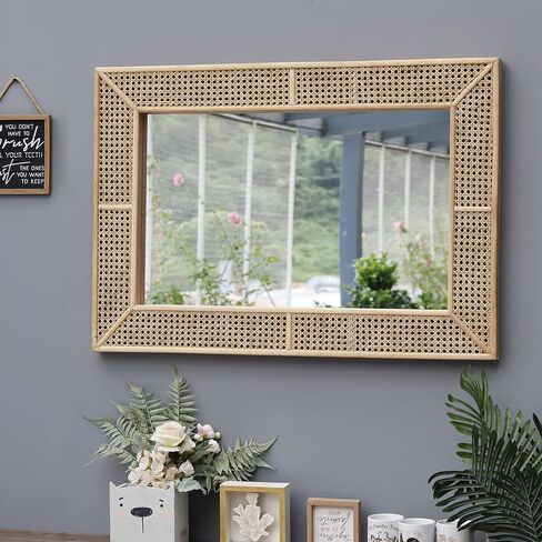 مرآة حائط مستطيلة من الروطان، مرآة حائط مزخرفة حديثة من بوهو للحمام أو الدخول أو غرفة المعيشة أو غرفة النوم أو غرفة العائلة، طبيعية، 26.375 بوصة عرض × 37.875 بوصة ارتفاع in Kuwait