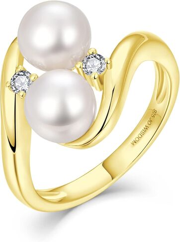JO WISDOM خاتم اللؤلؤ، 925 فضة مكعب زركونيا خواتم نسائية ذهبية مع اثنين من اللؤلؤ 7 مم لؤلؤ المياه العذبة الأبيض المستزرع in Kuwait