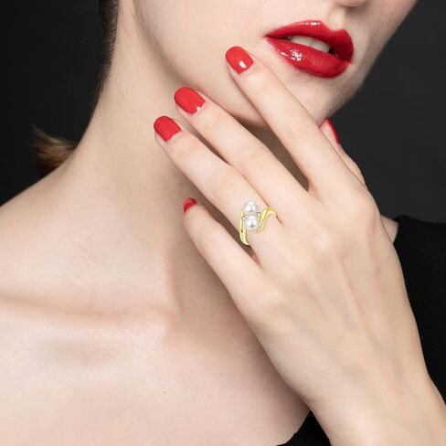 JO WISDOM خاتم اللؤلؤ، 925 فضة مكعب زركونيا خواتم نسائية ذهبية مع اثنين من اللؤلؤ 7 مم لؤلؤ المياه العذبة الأبيض المستزرع in Kuwait