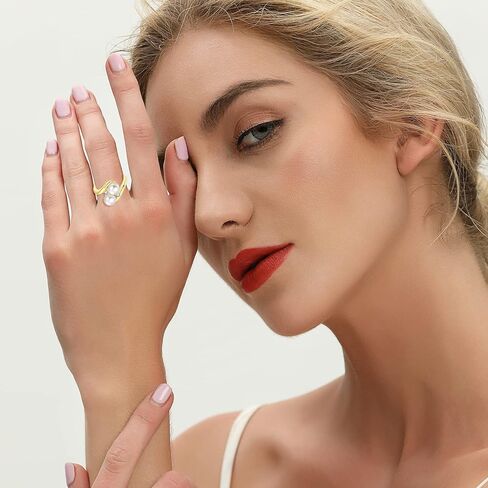 JO WISDOM خاتم اللؤلؤ، 925 فضة مكعب زركونيا خواتم نسائية ذهبية مع اثنين من اللؤلؤ 7 مم لؤلؤ المياه العذبة الأبيض المستزرع in Kuwait