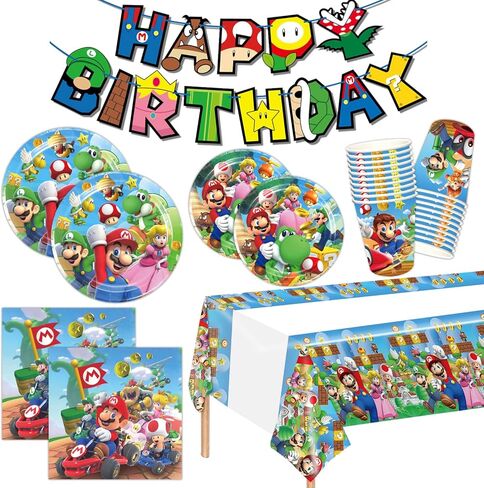 تتضمن لوازم حفلات ماريو ديكورات حفلات أعياد الميلاد من ماريو لافتة مفارش المائدة وأكواب ومناديل لديكور استحمام الطفل لعيد ميلاد ماريو in Kuwait