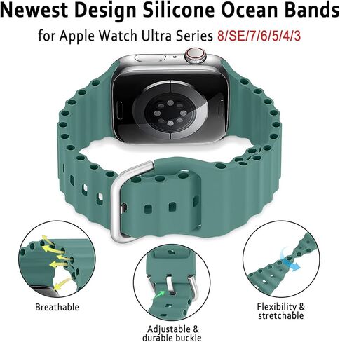 Ocean Band لساعة Apple Watch Band 49mm 45mm 41mm 44mm 40mm 42mm 38mm النساء والرجال، iWatch Sport Bands سيليكون قابل للتنفس سوار معصم لساعة Apple Ultra Series 9 8 7 SE2 SE 6 5 4 3 2 1 حزام in Saudi Arabia