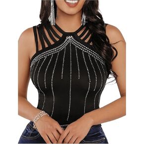 SOLY HUX Women's Tank Tops Sparkle Rhinestone Cut Out Sleeveless Slim Fit Party Top in Kuwait