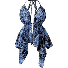 Women's Plus Size Tribal Halter Top Boho Ruffled Backless Sleeveless Asymmetrical Camisole Tops in Kuwait