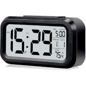 Digital Alarm Clock with LCD Display, Desk Smart Electronic Small Clock with Indoor Temperature, Date, Light Sensor, Backlight, Battery Operated, for Home Bedroom Kids Office (Black) in Kuwait