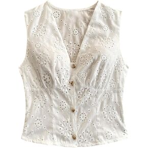 SweatyRocks Women's Eyelet Embroidery V Neck Button Down Vest Top Sleeveless Casual Dressy Blouse in Saudi Arabia
