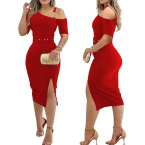 Women Sexy One Shoulder Bodycon Dress Short Sleeve Homecoming Dress Belted Side Slit Party Cocktail Dresses in Kuwait