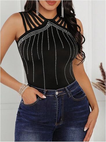 SOLY HUX Women's Tank Tops Sparkle Rhinestone Cut Out Sleeveless Slim Fit Party Top in Kuwait