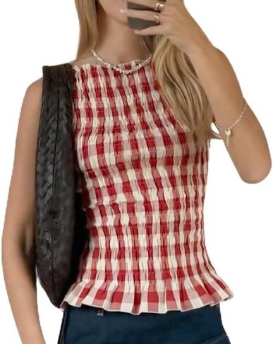 نساء مدخن قمم y2k كشكش الحافة shirred محصول أعلى لطيف بلا أكمام قميص peplum الصيف الخروج قمم الشارع in Kuwait