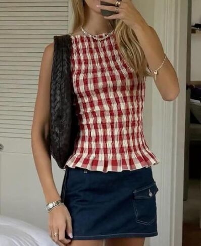 نساء مدخن قمم y2k كشكش الحافة shirred محصول أعلى لطيف بلا أكمام قميص peplum الصيف الخروج قمم الشارع in Kuwait
