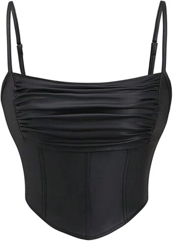 Milumia نساء Ruched Faux Leather Bustier Top Spaghetti Straps Tops Corset Crops in Saudi Arabia