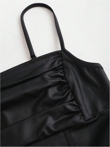 Milumia نساء Ruched Faux Leather Bustier Top Spaghetti Straps Tops Corset Crops in Saudi Arabia