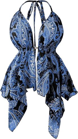 Women's Plus Size Tribal Halter Top Boho Ruffled Backless Sleeveless Asymmetrical Camisole Tops in Kuwait