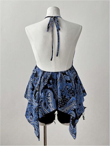 Women's Plus Size Tribal Halter Top Boho Ruffled Backless Sleeveless Asymmetrical Camisole Tops in Kuwait