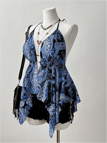 Women's Plus Size Tribal Halter Top Boho Ruffled Backless Sleeveless Asymmetrical Camisole Tops in Kuwait