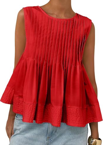 PEHMEA Women's Summer Pleated Peplum Tank Tops, Cute Sleeveless Round Neck Babydoll Blouse Shirt for Casual Office Daily Wear in Saudi Arabia