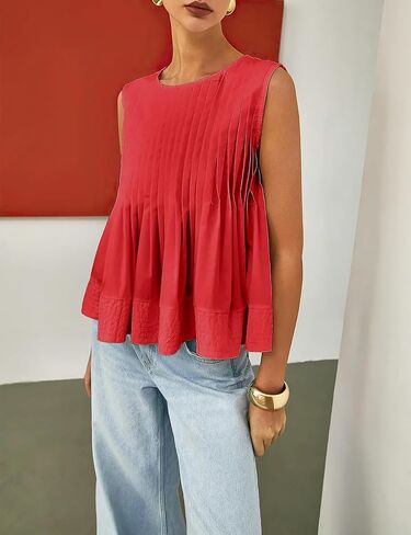 PEHMEA Women's Summer Pleated Peplum Tank Tops, Cute Sleeveless Round Neck Babydoll Blouse Shirt for Casual Office Daily Wear in Saudi Arabia