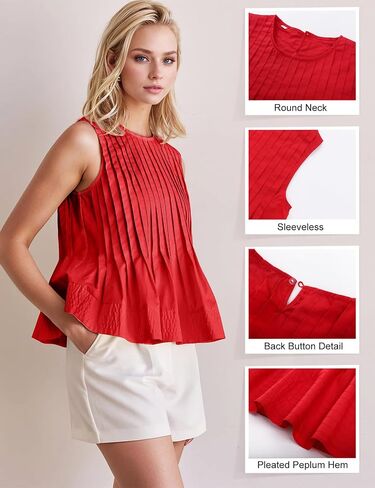 PEHMEA Women's Summer Pleated Peplum Tank Tops, Cute Sleeveless Round Neck Babydoll Blouse Shirt for Casual Office Daily Wear in Saudi Arabia