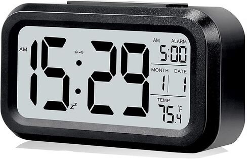 Digital Alarm Clock with LCD Display, Desk Smart Electronic Small Clock with Indoor Temperature, Date, Light Sensor, Backlight, Battery Operated, for Home Bedroom Kids Office (Black) in Kuwait