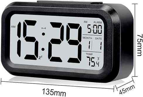 Digital Alarm Clock with LCD Display, Desk Smart Electronic Small Clock with Indoor Temperature, Date, Light Sensor, Backlight, Battery Operated, for Home Bedroom Kids Office (Black) in Kuwait