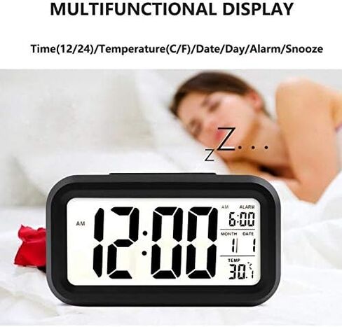 Digital Alarm Clock with LCD Display, Desk Smart Electronic Small Clock with Indoor Temperature, Date, Light Sensor, Backlight, Battery Operated, for Home Bedroom Kids Office (Black) in Kuwait