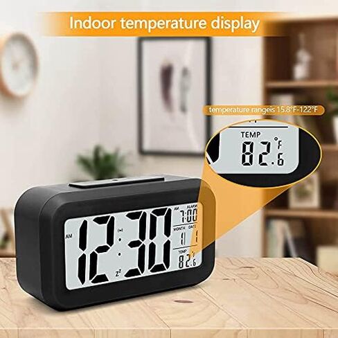 Digital Alarm Clock with LCD Display, Desk Smart Electronic Small Clock with Indoor Temperature, Date, Light Sensor, Backlight, Battery Operated, for Home Bedroom Kids Office (Black) in Kuwait