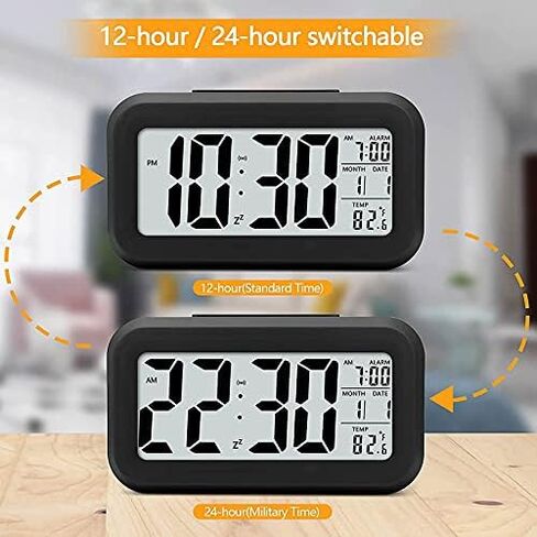 Digital Alarm Clock with LCD Display, Desk Smart Electronic Small Clock with Indoor Temperature, Date, Light Sensor, Backlight, Battery Operated, for Home Bedroom Kids Office (Black) in Kuwait