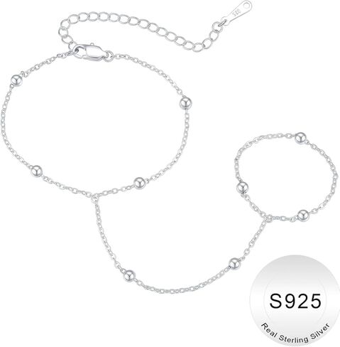 IEFWELL S925 Sterling Silver Hand Chain Bracelet for Women - Dainty Satellite Beads Cable Hand Chain Bracelet with Finger Ring, Sterling Silver Jewelry Gift for Her in Kuwait