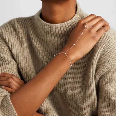IEFWELL S925 Sterling Silver Hand Chain Bracelet for Women - Dainty Satellite Beads Cable Hand Chain Bracelet with Finger Ring, Sterling Silver Jewelry Gift for Her in Kuwait