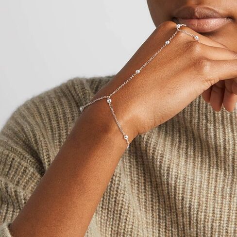 IEFWELL S925 Sterling Silver Hand Chain Bracelet for Women - Dainty Satellite Beads Cable Hand Chain Bracelet with Finger Ring, Sterling Silver Jewelry Gift for Her in Kuwait