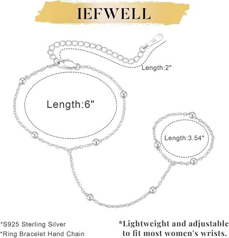 IEFWELL S925 Sterling Silver Hand Chain Bracelet for Women - Dainty Satellite Beads Cable Hand Chain Bracelet with Finger Ring, Sterling Silver Jewelry Gift for Her in Kuwait