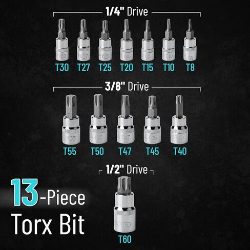 Bates- Torx Bit Socket Set, 13 pcs, TT8-TT60, 1/4" 3/8" & 1/2" Drive, Silver, Tamper Proof Torx Bit Set, Torx Bit Socket Set, Star Bit Socket Set, Security Torx Bit Set, Impact Torx Socket Set in Saudi Arabia