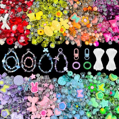 JoyJellies Assorted Acrylic Beads for Bracelets, 4 Colors 260+PCS Charms Keychain Making Kit with String Key Ring Clips Cute Bow Heart Star Beads for Girls Jewelry Making Crafts DIY Phone Bag Charms in Saudi Arabia