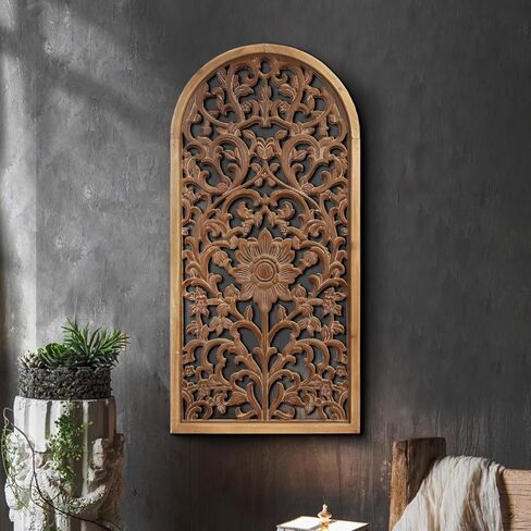 WREVERW Rustic Boho Arched Wood Wood Art ، لوحة الأزهار المنحوتة يدويًا مع الانتهاء من أبيض محزن ، نماذج زخرفية زخرفية عتيقة من أجل غرفة نوم غرفة المعيشة ، 15 × 31 " in Saudi Arabia
