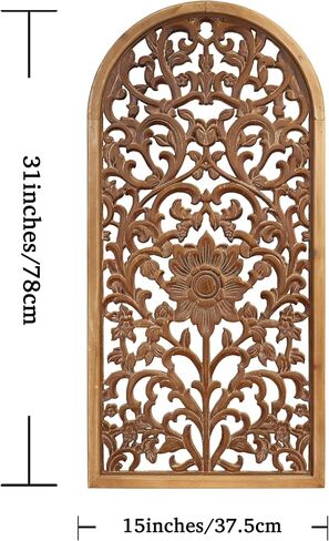 WREVERW Rustic Boho Arched Wood Wood Art ، لوحة الأزهار المنحوتة يدويًا مع الانتهاء من أبيض محزن ، نماذج زخرفية زخرفية عتيقة من أجل غرفة نوم غرفة المعيشة ، 15 × 31 " in Saudi Arabia