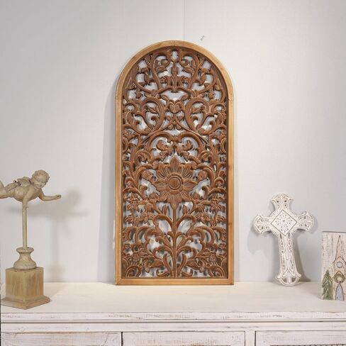 WREVERW Rustic Boho Arched Wood Wood Art ، لوحة الأزهار المنحوتة يدويًا مع الانتهاء من أبيض محزن ، نماذج زخرفية زخرفية عتيقة من أجل غرفة نوم غرفة المعيشة ، 15 × 31 " in Saudi Arabia