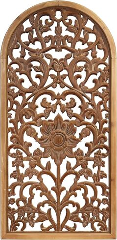 WREVERW Rustic Boho Arched Wood Wood Art ، لوحة الأزهار المنحوتة يدويًا مع الانتهاء من أبيض محزن ، نماذج زخرفية زخرفية عتيقة من أجل غرفة نوم غرفة المعيشة ، 15 × 31 " in Saudi Arabia