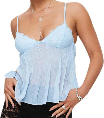 ICNGLKSND Women Y2K Sleeveless Mesh Cami Low Cut Spaghetti Strap Lace Trim Sexy Crop Top Sheer Flowy Beach Tops Pleated Tank in Kuwait