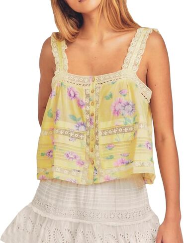 Babydoll Tank Top Women Sleeveless Lace Trim Sheer Lace Button Up Vest Sexy Tie Front Y2k Gong Out Crop Cami Shirt in Saudi Arabia