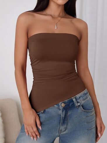 Tankaneo Womens Going Out Tube Top Asymmetrical Strapless Tops Ruched Bandeau Shirts Trendy Y2k Outfits in Saudi Arabia