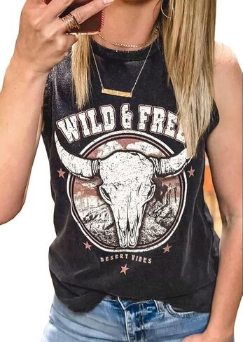 Western Country Music Tank Top Women Vintage Cowboy Rodeo Tank Cattle Skull Graphic Sleeveless Shirt Cowgirl Tops in Kuwait