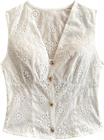 SweatyRocks Women's Eyelet Embroidery V Neck Button Down Vest Top Sleeveless Casual Dressy Blouse in Saudi Arabia