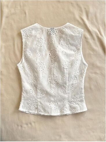 SweatyRocks Women's Eyelet Embroidery V Neck Button Down Vest Top Sleeveless Casual Dressy Blouse in Saudi Arabia